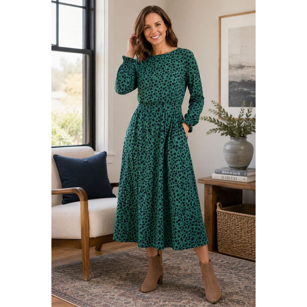 Boden Green Floral Long Sleeve Midi Dress Pockets Boat Neck Size 8L